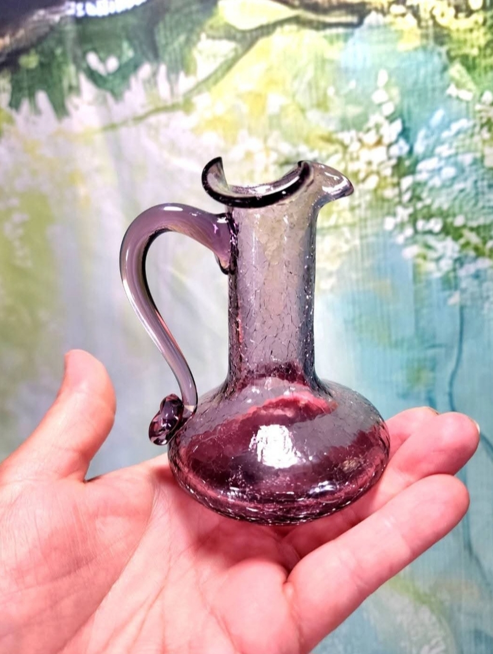 AMETHYST Lavender Blown Crackle MCM Collectible Art Glass Pitcher